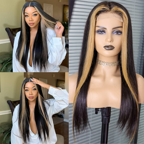 Skunk Stripe Hair Highlight 1B/27 Colored Wig Straight Lace Front Human Hair Wigs