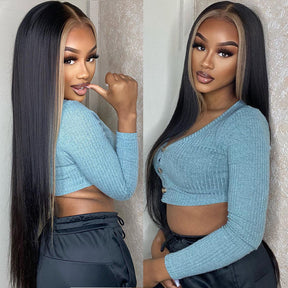 Skunk Stripe Hair Highlight 1B/27 Colored Wig Straight Lace Front Human Hair Wigs