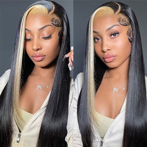 Straight Lace Front Wig Skunk Stripe Human Hair Wig 1B/613 Colored Human Hair Wigs for Women