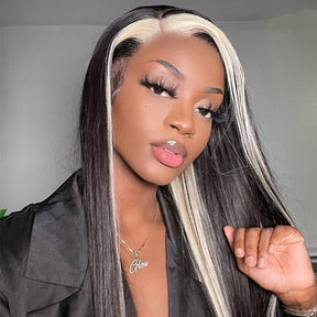 Straight Lace Front Wig Skunk Stripe Human Hair Wig 1B/613 Colored Human Hair Wigs for Women