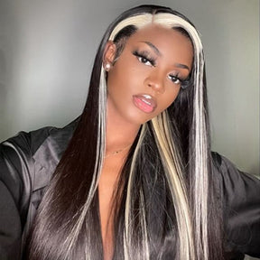 Straight Lace Front Wig Skunk Stripe Human Hair Wig 1B/613 Colored Human Hair Wigs for Women