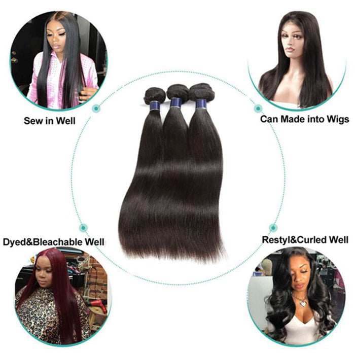 Straight Virgin Hair Weave 3 Bundles With Lace Frontal 13x4 Ear To Ear
