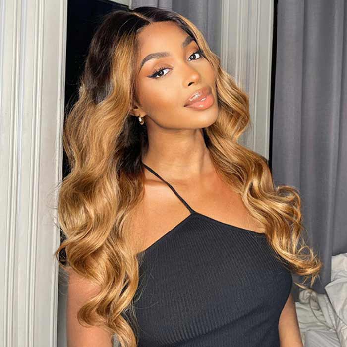T1B/27 Highlight Brown With Dark Roots Body Wave 13x4 Transparent HD Lace Frontal Wig