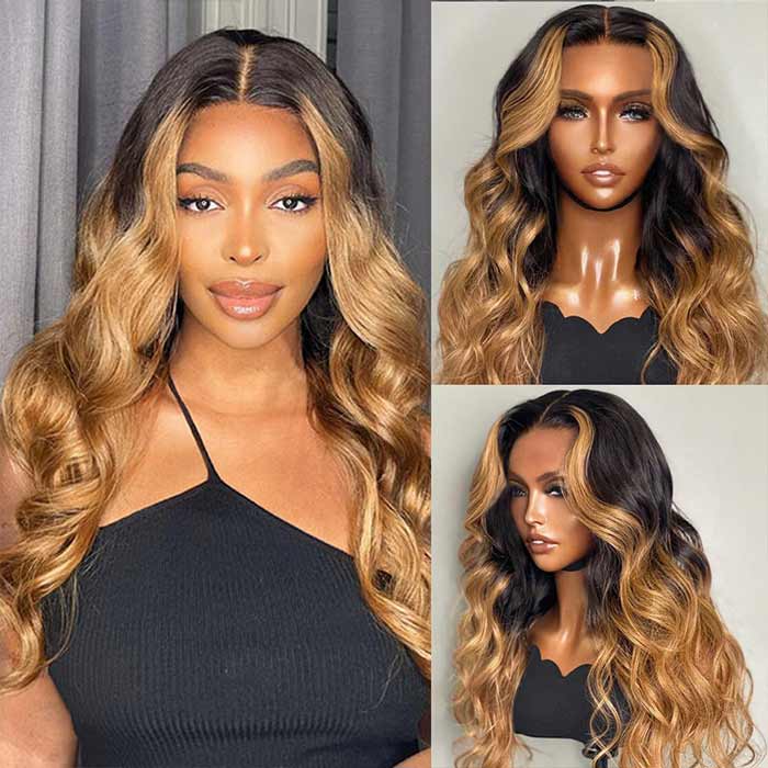 T1B/27 Highlight Brown With Dark Roots Body Wave 13x4 Transparent HD Lace Frontal Wig