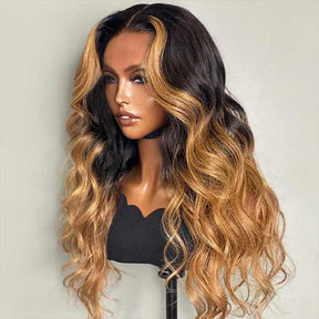 T1B/27 Highlight Brown With Dark Roots Body Wave 13x4 Transparent HD Lace Frontal Wig