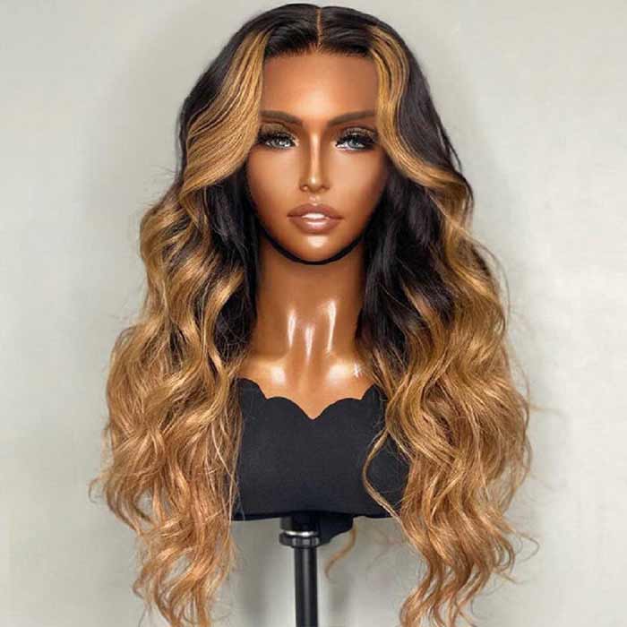 T1B/27 Highlight Brown With Dark Roots Body Wave 13x4 Transparent HD Lace Frontal Wig