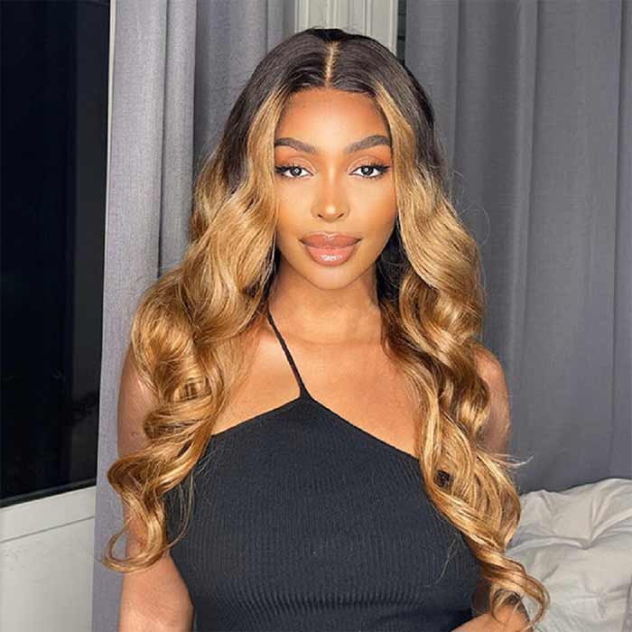 T1B/27 Highlight Brown With Dark Roots Body Wave 13x4 Transparent HD Lace Frontal Wig