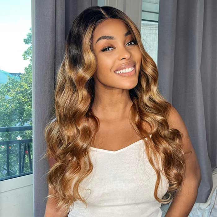 T1B/27 Highlight Brown With Dark Roots Body Wave 13x4 Transparent HD Lace Frontal Wig