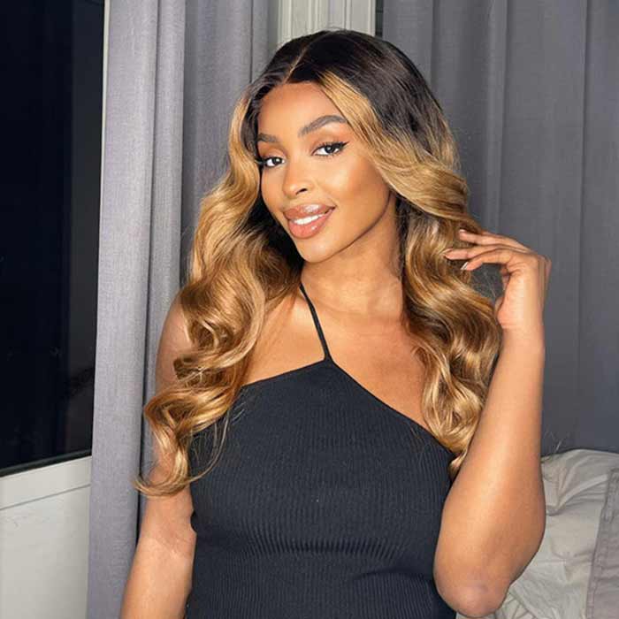 T1B/27 Highlight Brown With Dark Roots Body Wave 13x4 Transparent HD Lace Frontal Wig