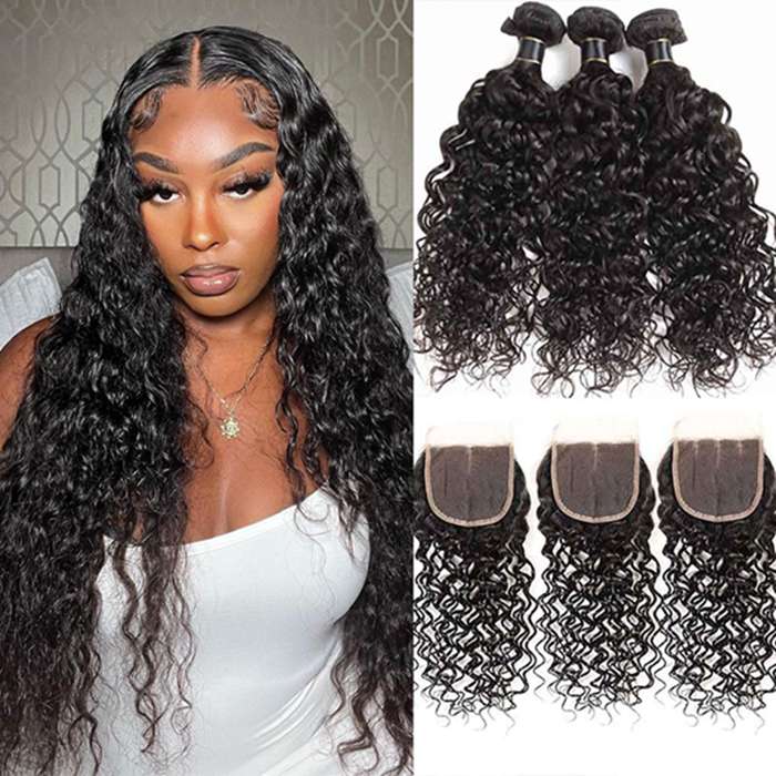 Virgin Water Wave Hair 3 Bundles With Closure High Quality 100% Unprocessed Human Hair Bundles With Closure