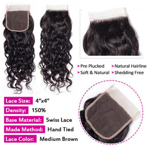 Water Wave Hair 4x4 Lace Closure Natural Color 100% Human Hair
