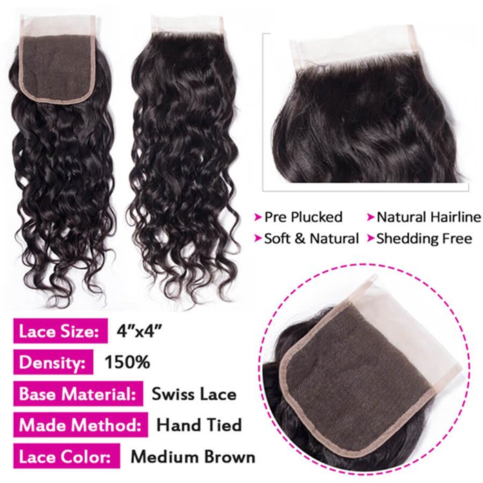 Water Wave Hair 4x4 Lace Closure Natural Color 100% Human Hair