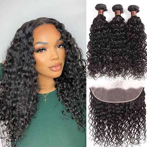 Water Wave Virgin Hair Weave 3 Bundles With 13x4 Lace Frontal