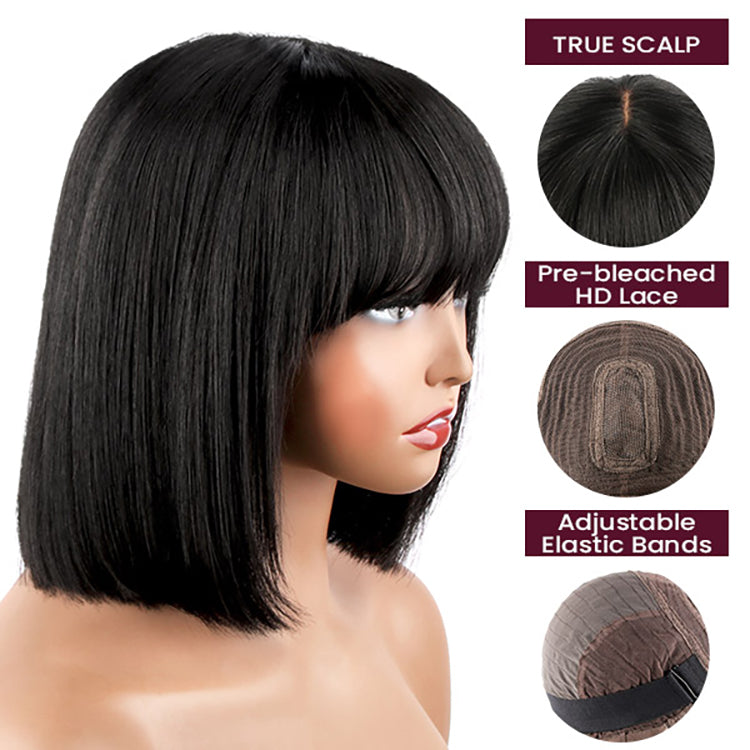 Wear And Go-Straight Bob With Bangs 100% Glueless Lace Wig
